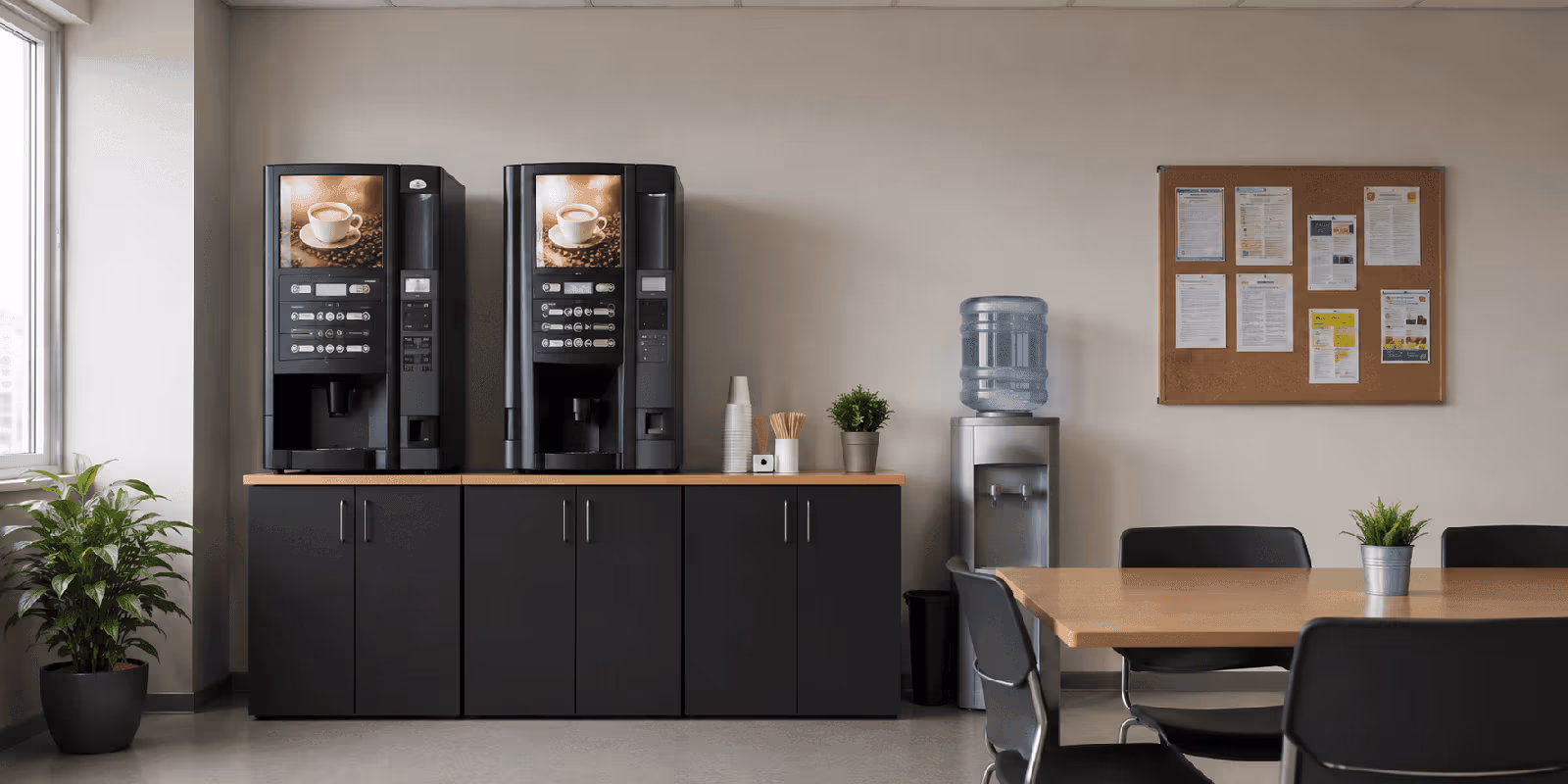 Distributeurs automatiques de café dans salle de pause